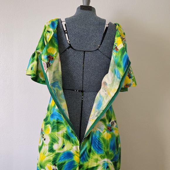 Vintage 50s 60s Kamehameha Hawaiian Mermaid Maxi Dress with Flutter Sleeves Sz S - Picture 10 of 16